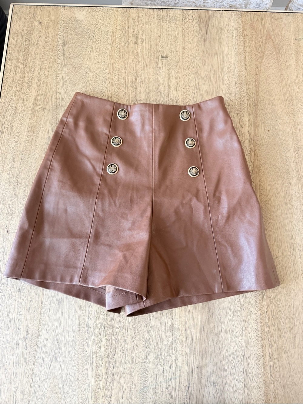ZARA Vegan High-Rise Faux Leather Brown Sailor Shorts with Gold Buttons XS